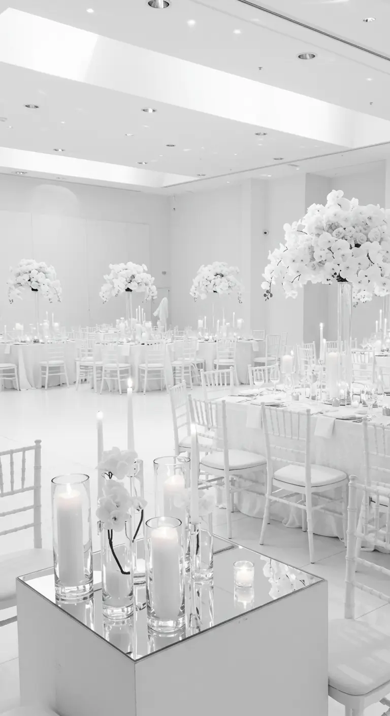 Elegante, volledig witte bruiloftsreceptie met hoge orchideeën centerpieces.