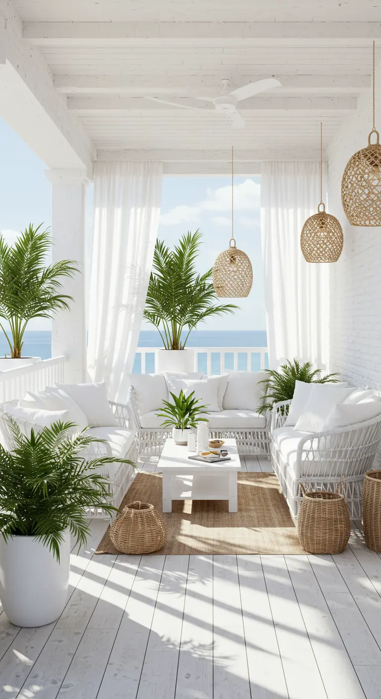 Wit balkon met witte rieten meubels, palmbomen, witte gordijnen en uitzicht op zee.