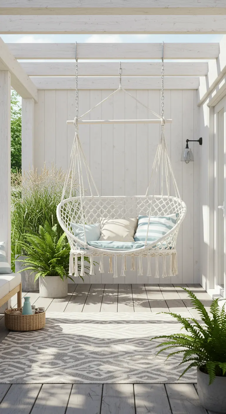 Witte macramé dubbele hangstoel met blauw-witte kussens onder een witte pergola.