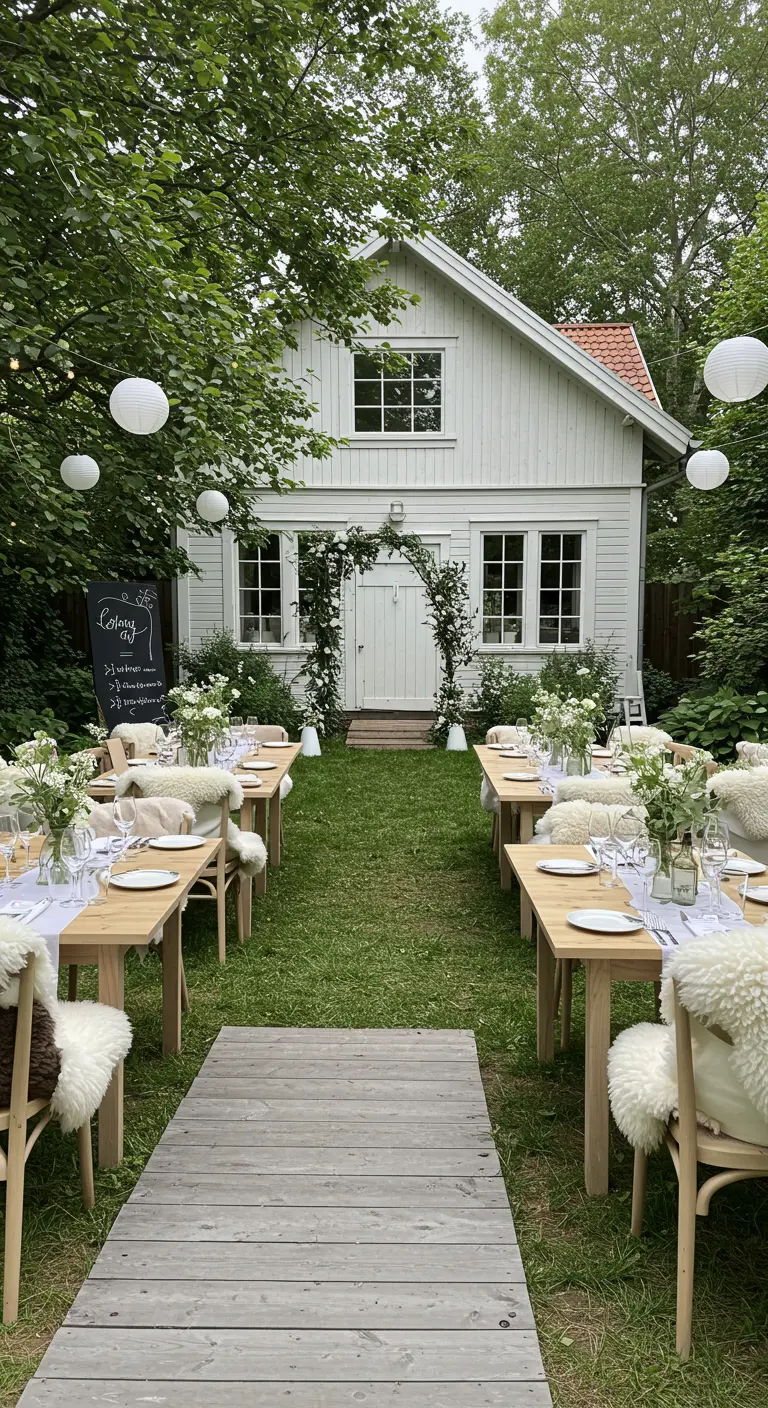 Witte tuinbruiloft setting met lange tafels, schapenvachtjes en witte lampionnen.