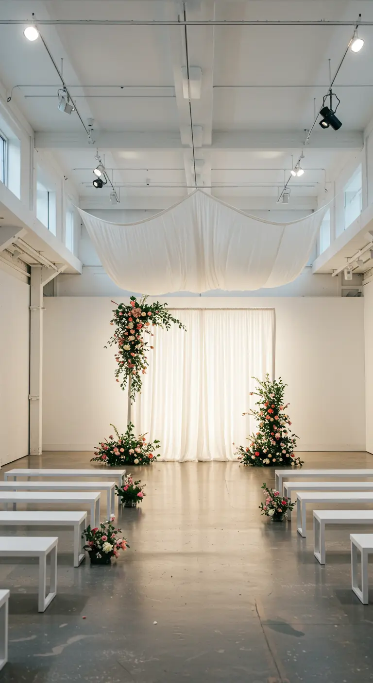 Witte ceremonieruimte met gedrapeerde stof aan plafond, witte gordijnen en bloemstukken.