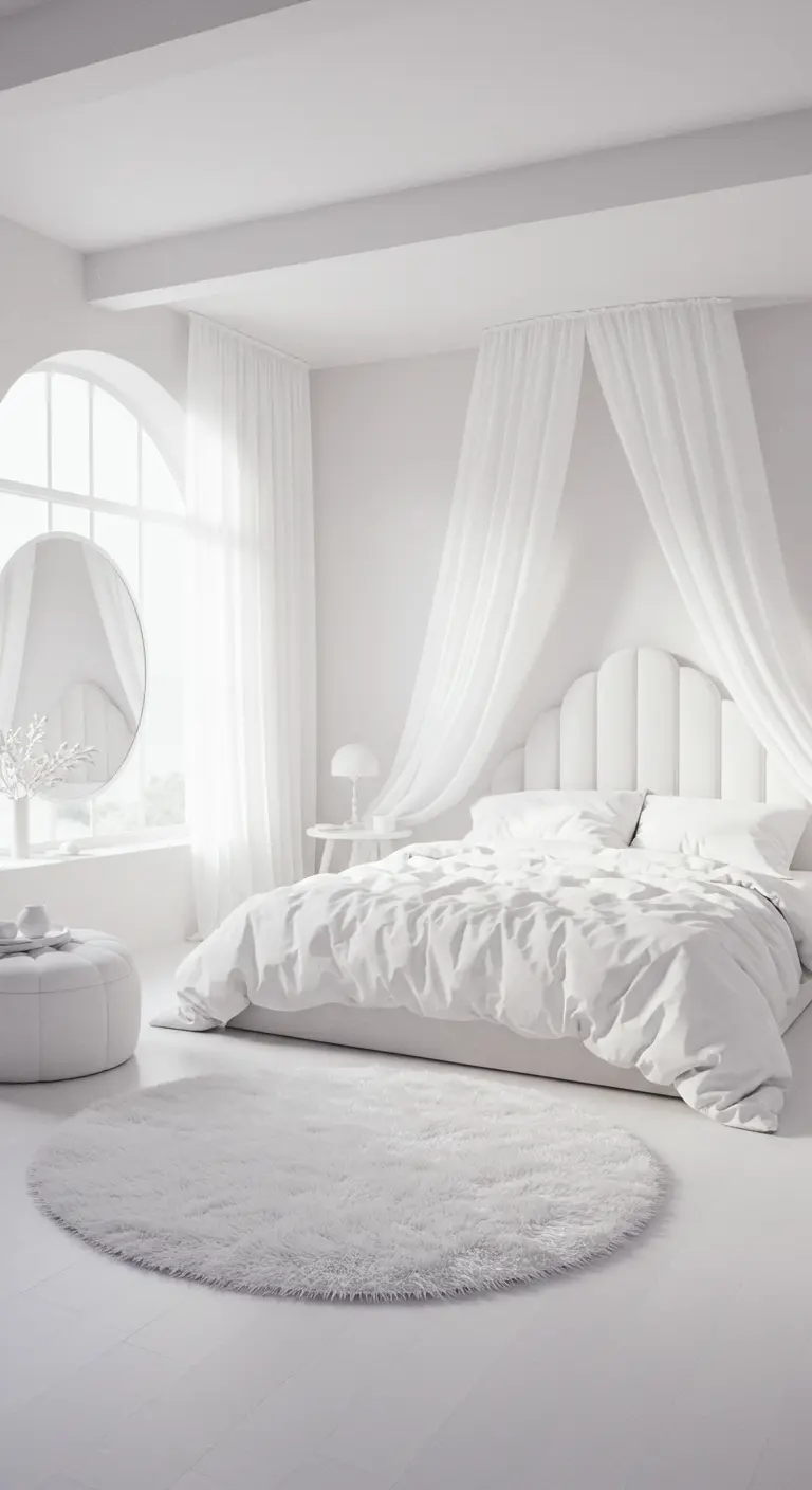 Lichte witte slaapkamer met voile gordijnen, rond vloerkleed en organische spiegel.