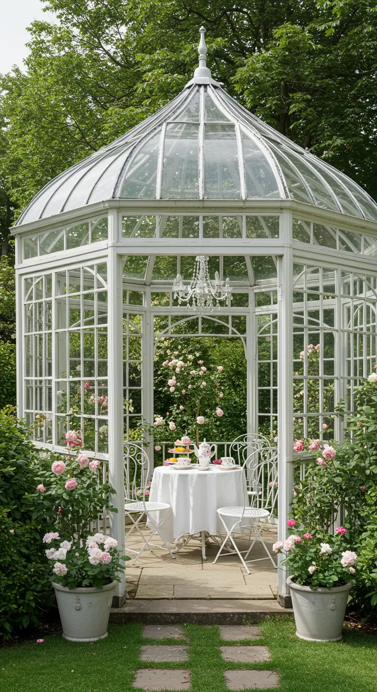 Elegant wit glazen tuinhuisje met theeset, omringd door rozen en buxusbollen.
