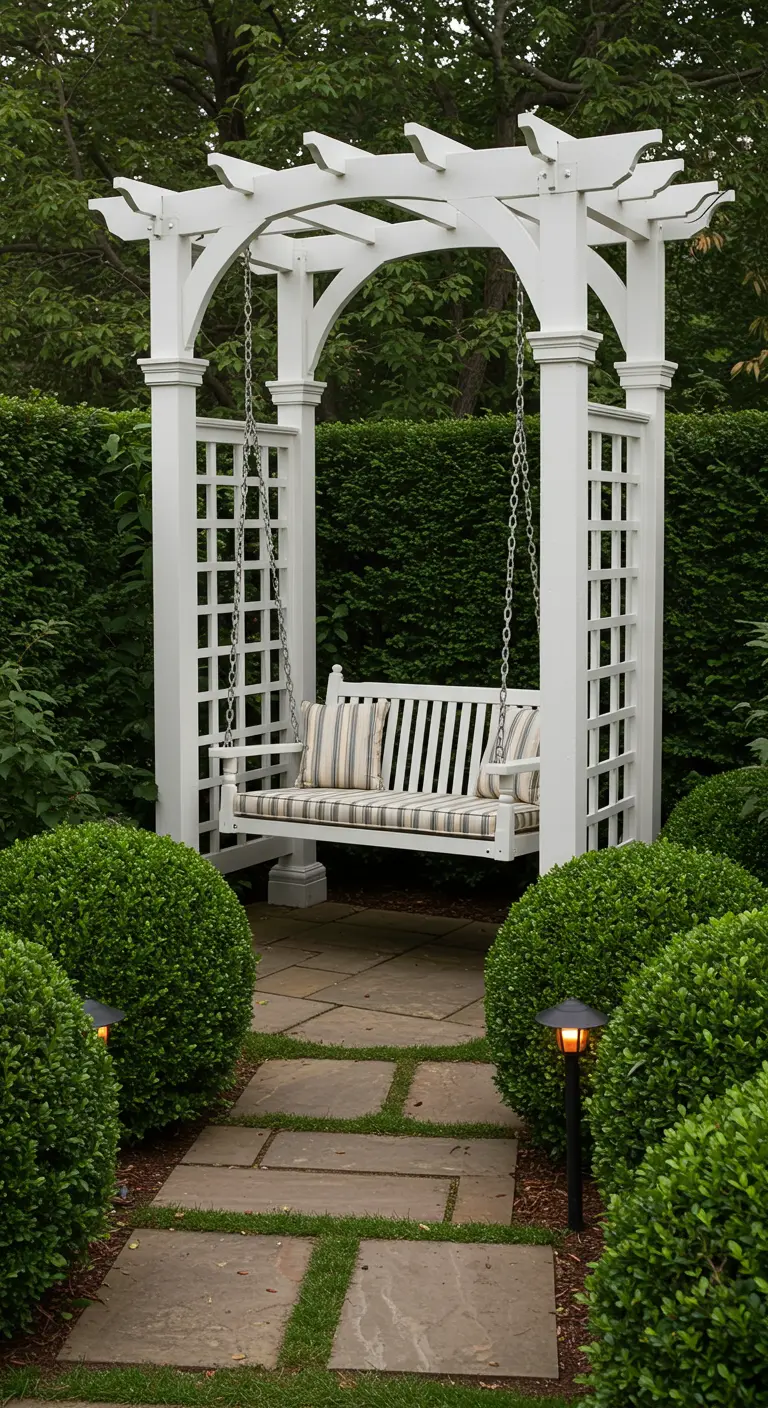 Witte houten schommelbank in een witte pergola, omgeven door formele beplanting.