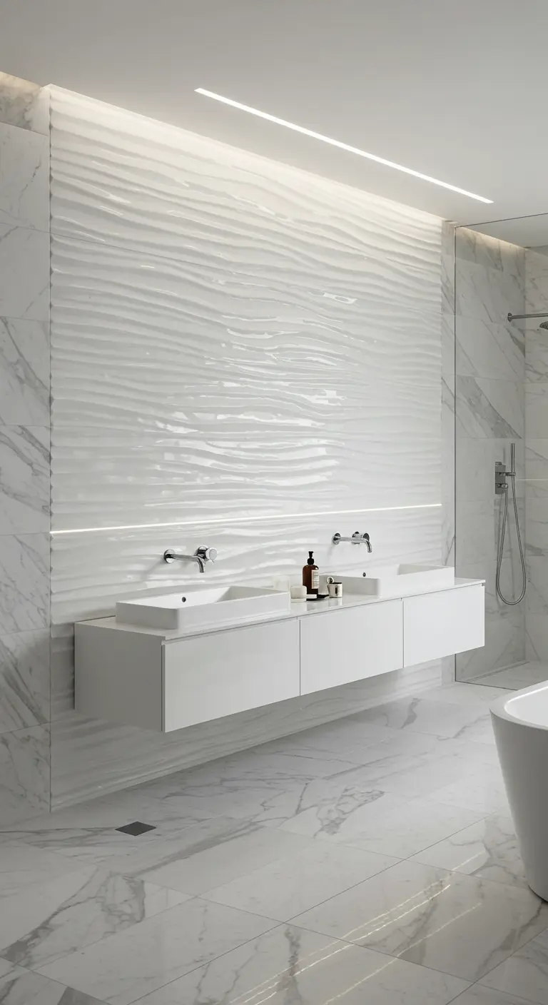 Moderne witte badkamer met 3D golvende wandtegels en geïntegreerde lineaire verlichting boven de dubbele wastafel.