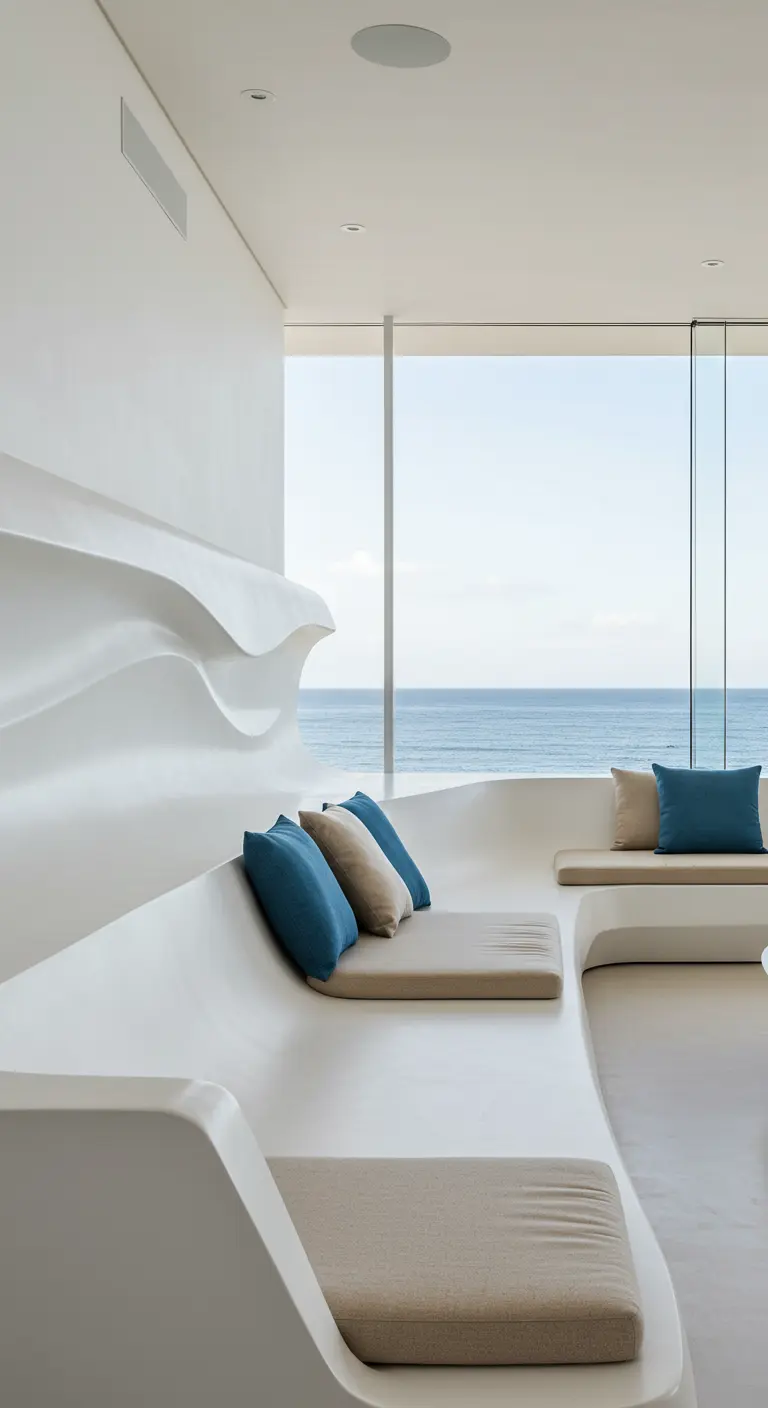 Witte, organisch gevormde ingebouwde bank met beige en blauwe kussens, uitzicht op zee.