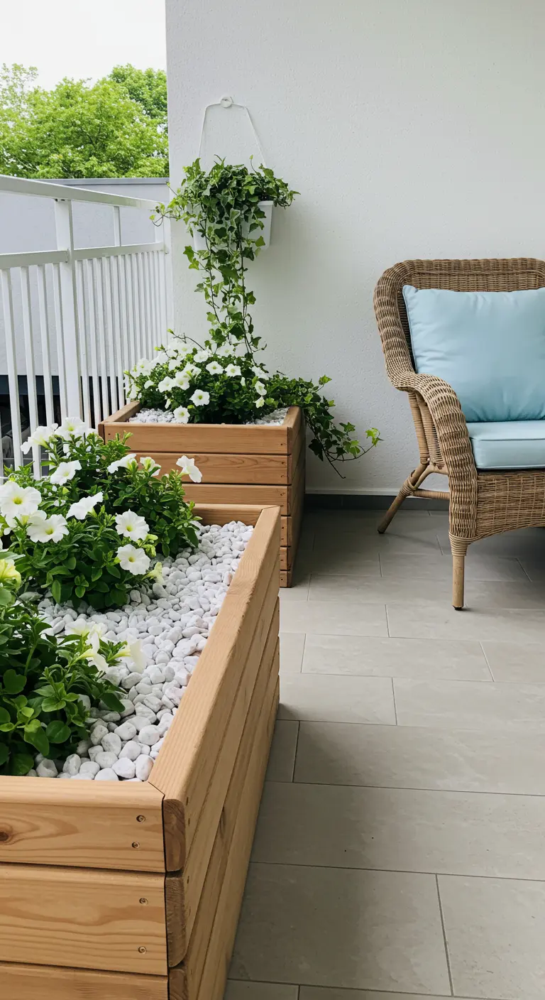Houten plantenbakken op balkon met witte kiezels, witte bloemen en een rieten stoel.