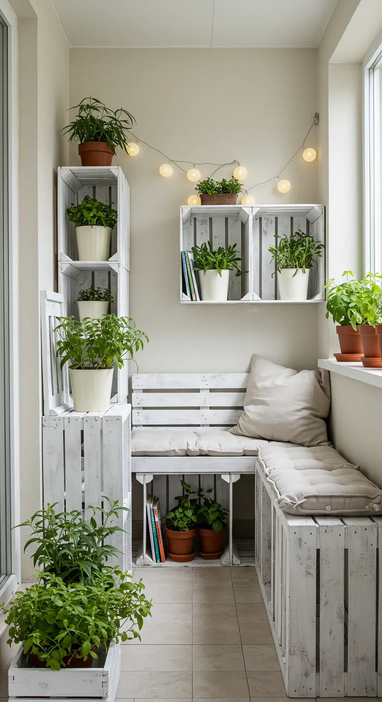 Wit geverfde houten kratten en pallets als bank en plantenrekken op een balkon.