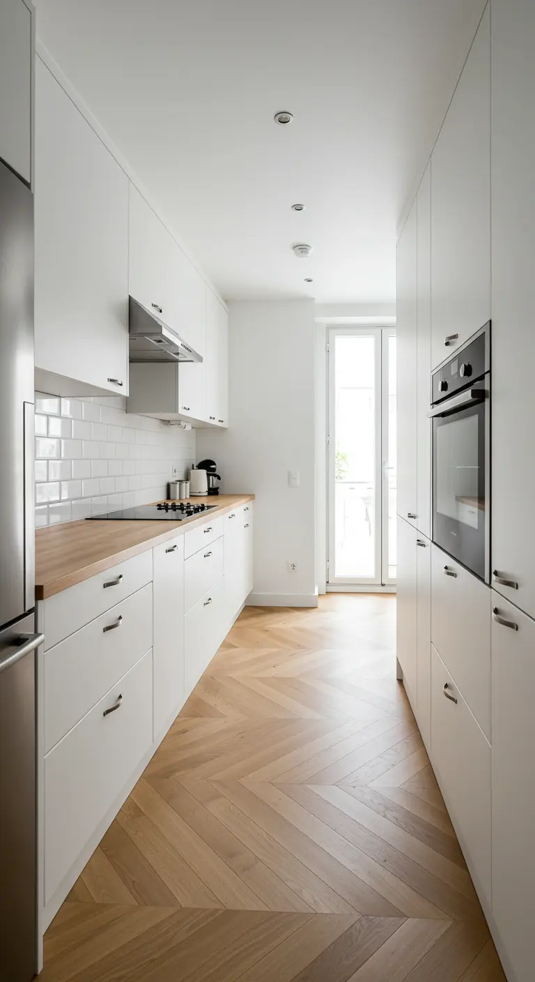Smalle witte keuken met houten werkblad, visgraatvloer en hoge kasten voor veel opbergruimte.