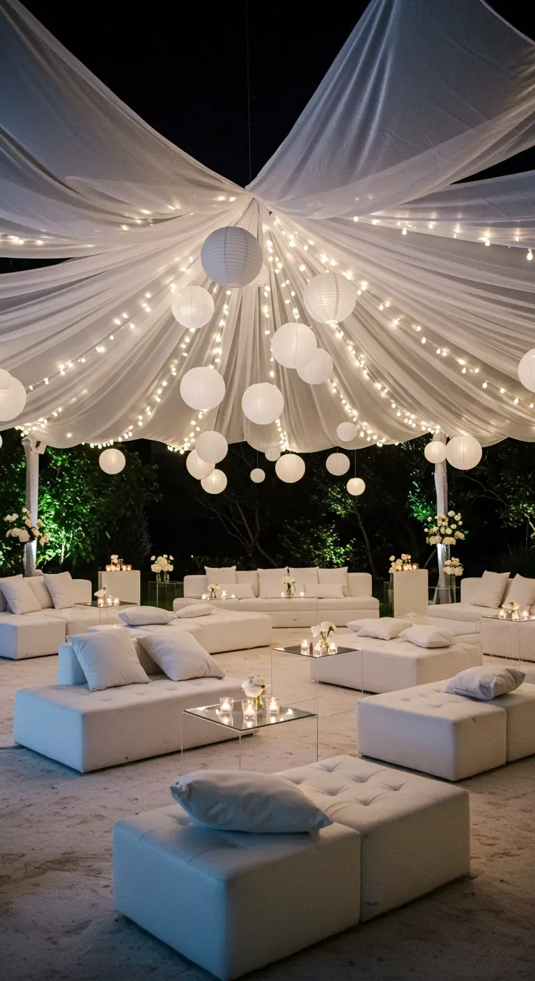 Witte lounge met overkapping van lichtjes en lampionnen, creëert een sterrenhemel effect.