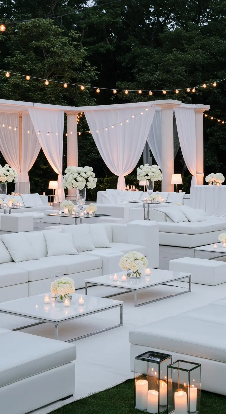 Volledig witte buitenlounge met banken, tafels, witte bloemen en sfeervolle lantaarns.