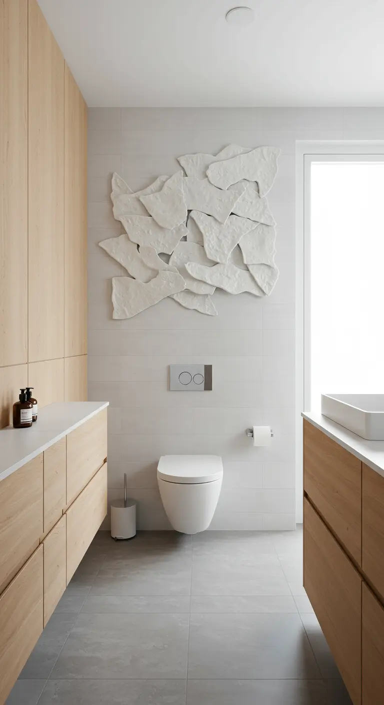 Minimalistische badkamer met houten meubels, witte tegels en een groot wit abstract reliëfkunstwerk.