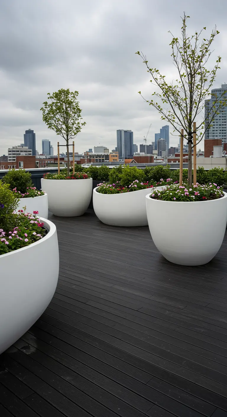 Grote, ronde, witte polyester plantenbakken met boompjes en bloemen op een donker dakterras.