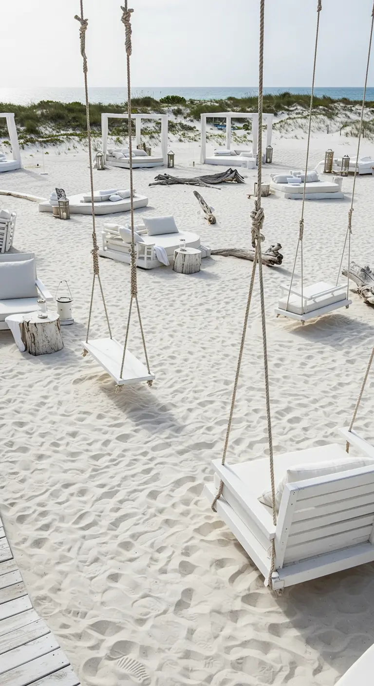 Meerdere witte schommels en loungebedden op een uitgestrekte witte zandvlakte bij de zee.