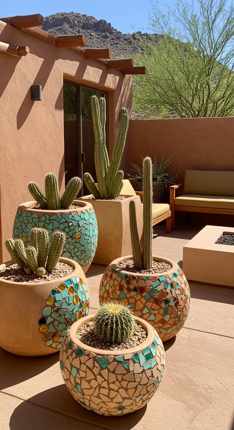 Ronde terracotta potten met aardetinten en turquoise mozaïek, gevuld met cactussen.