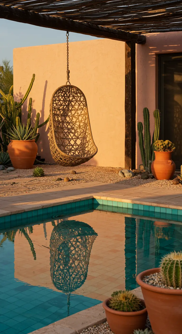 Gevlochten rotan hangstoel bij een zwembad met cactussen en terracotta potten, tegen een roze muur in zonsondergang.
