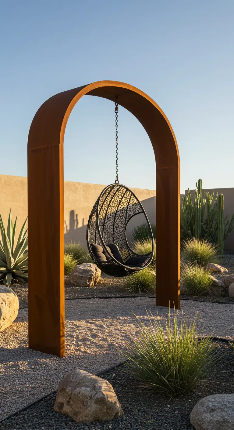 Zwarte design hangstoel onder een brede cortenstalen boog in een woestijntuin.