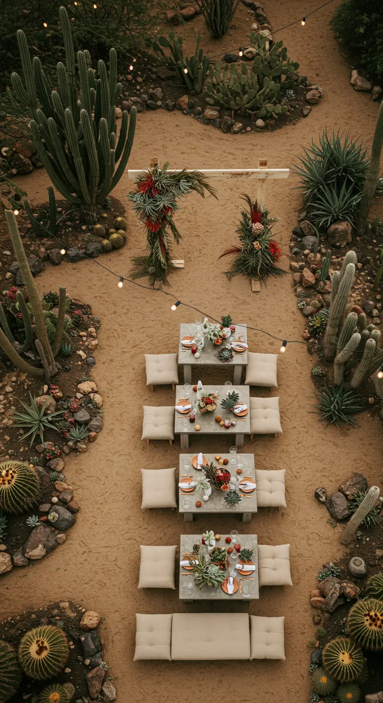 Woestijn-thema bruiloft met cactussen, aardetinten en lage tafels.