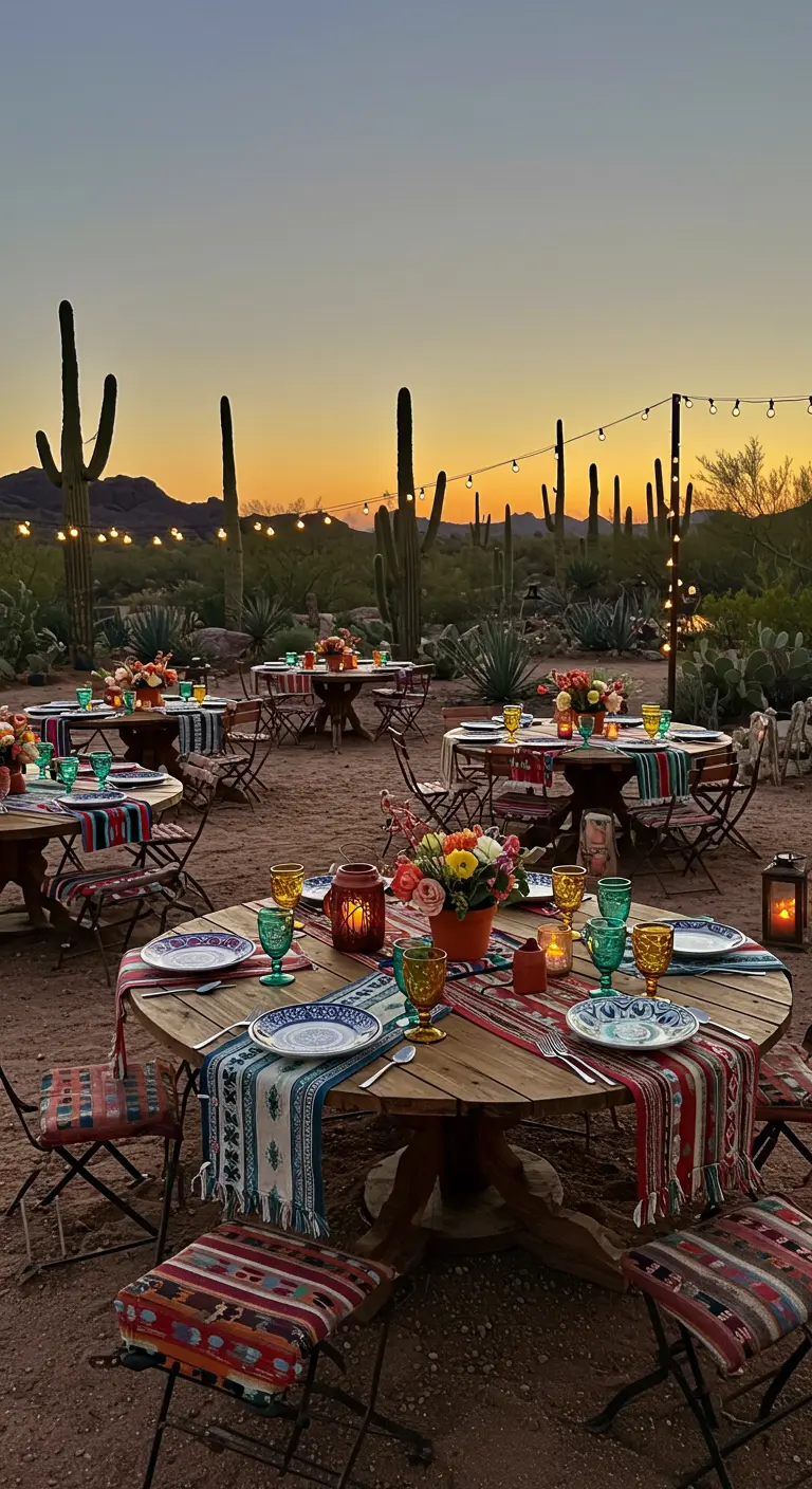Bruiloft in woestijnsetting met ronde houten tafels, kleurrijke lopers en cactusdecoratie.