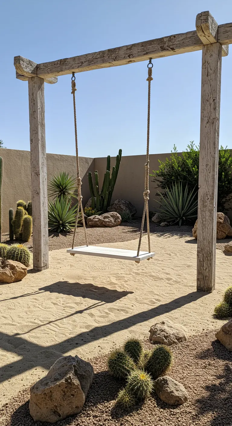 Witte schommelplank aan een ruw houten frame in een zandtuin met cactussen en stenen.