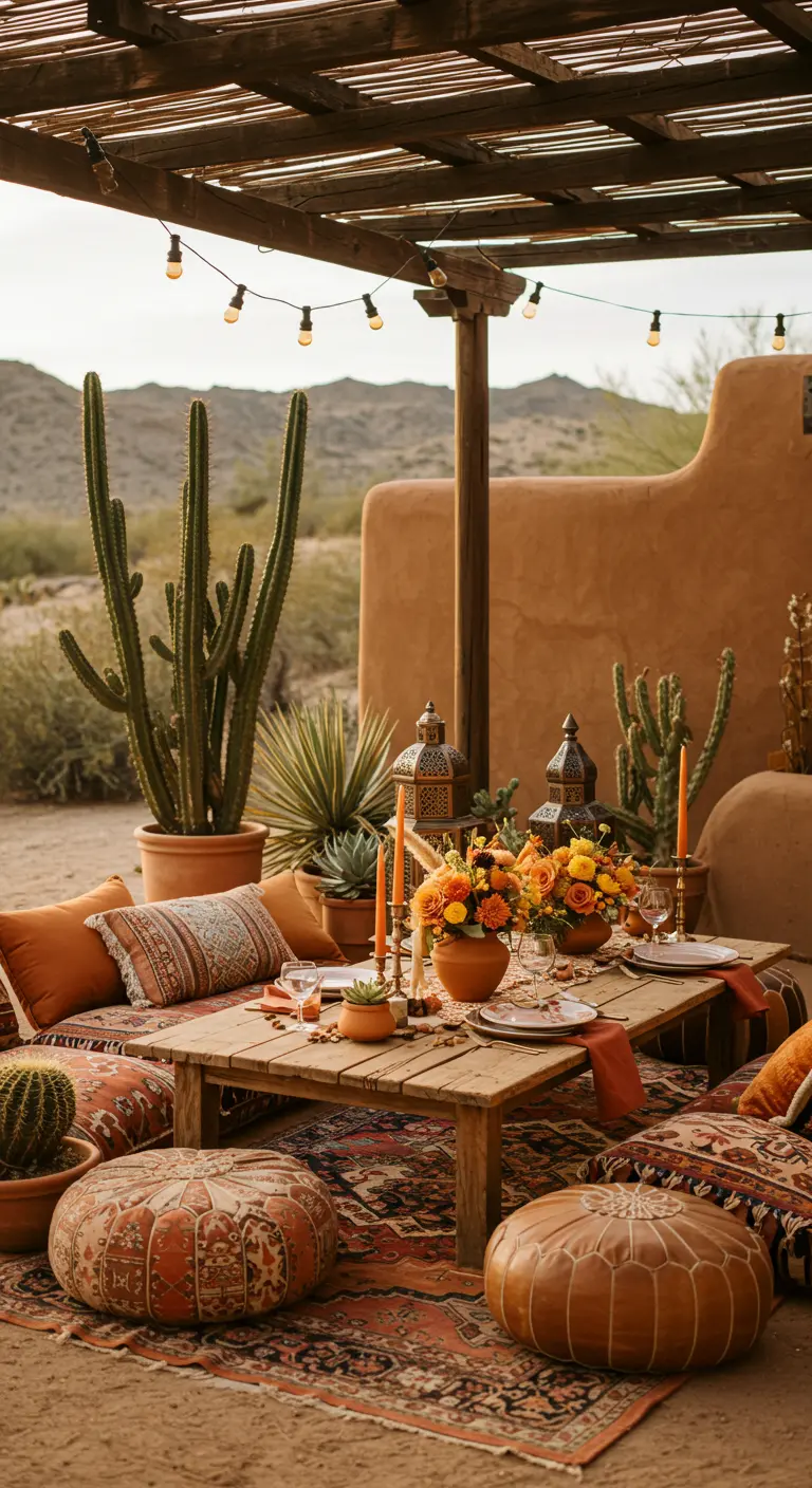 Boho woestijnontbijt met lage tafel, kussens, cactussen en lichtslingers.