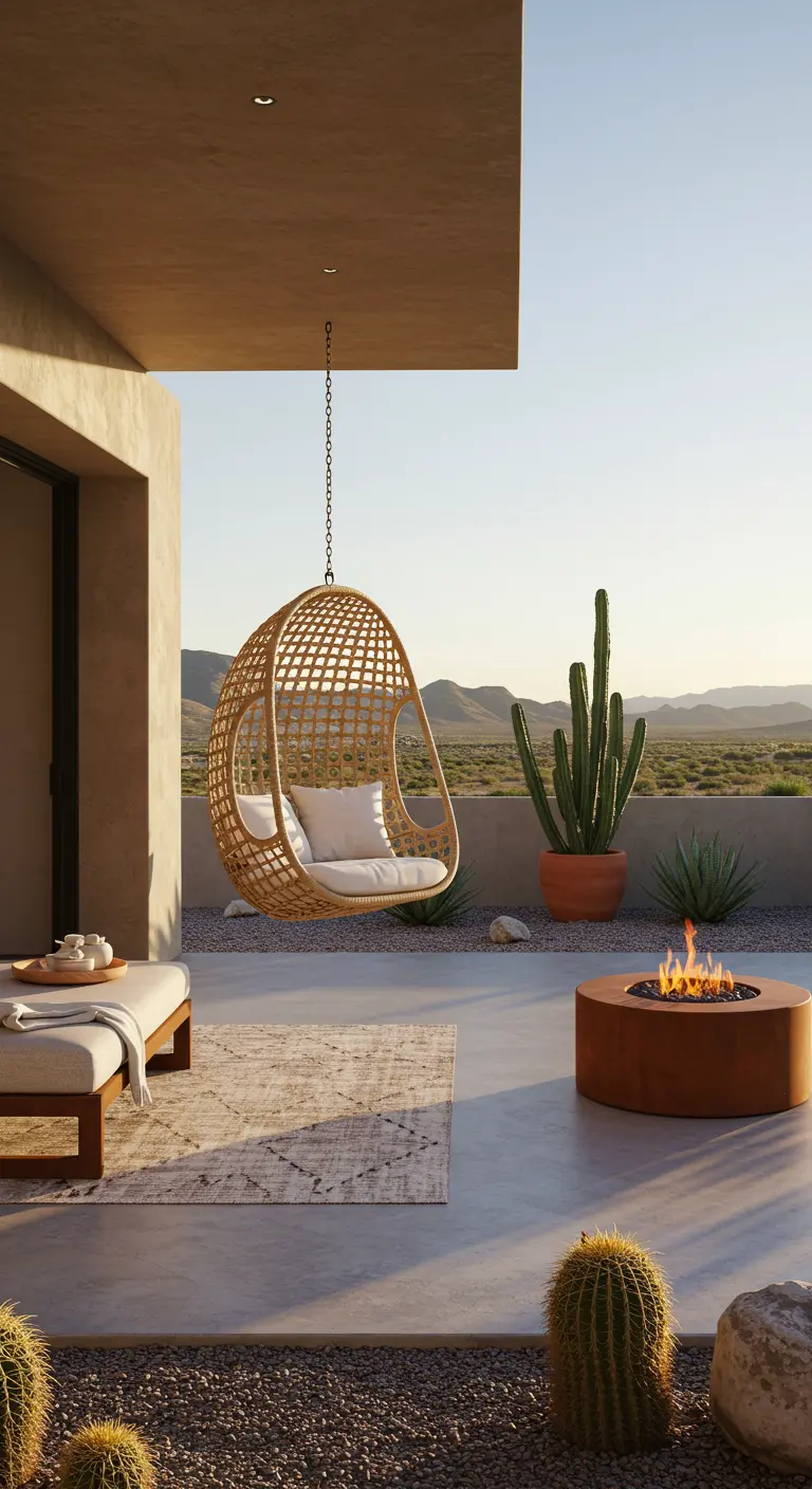 Rotan hangstoel op modern terras met cactussen, vuurschaal en uitzicht op woestijn.