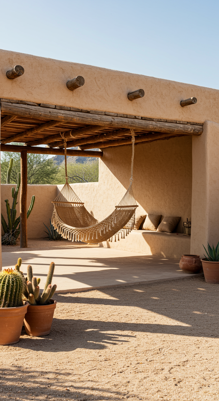 Grote macramé hangmat onder houten pergola bij adobe-stijl patio met cactussen.