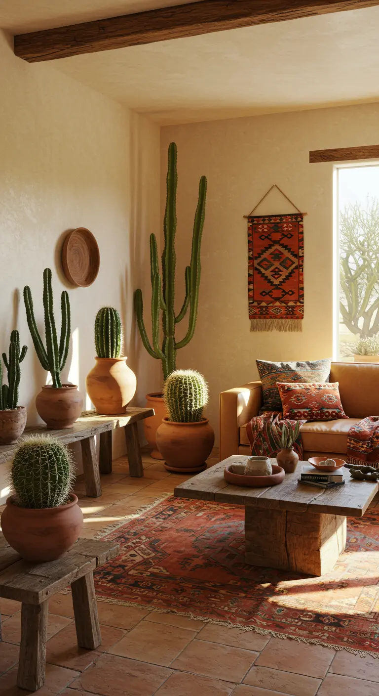 Woonkamer met cactussen in terracotta potten, rustieke meubels en etnische decoratie.