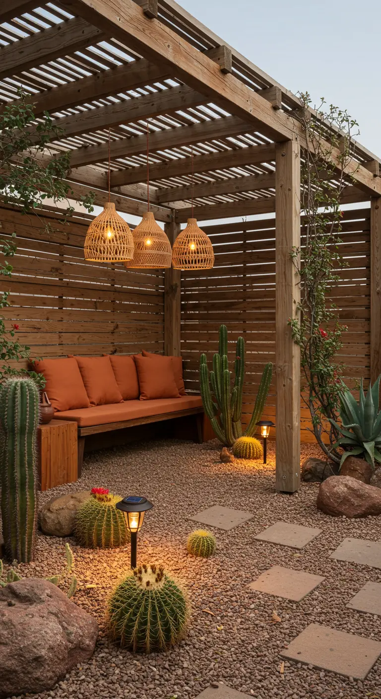 Houten pergola en lamellenwand met ingebouwde bank, terracotta kussens en diverse cactussen en vetplanten op grind.