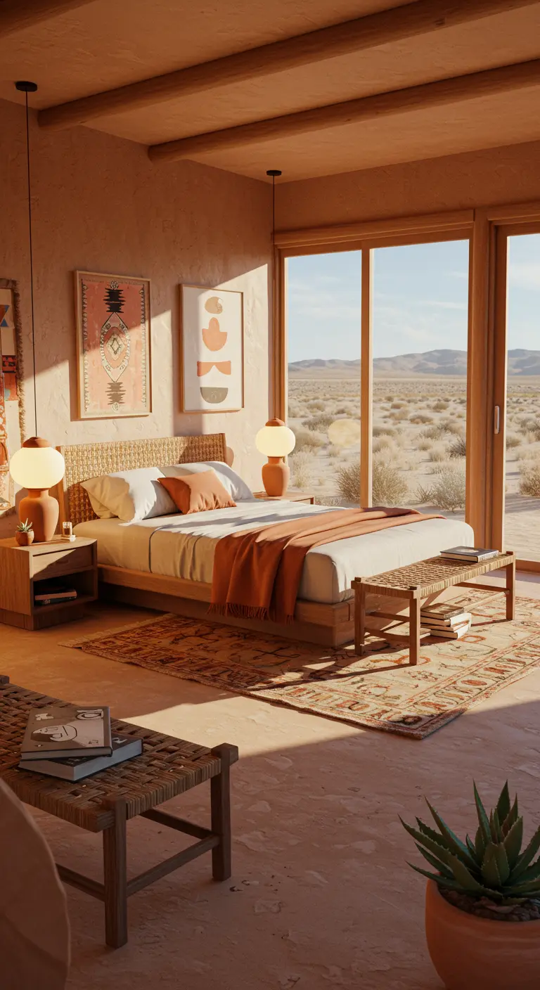 Zonnige slaapkamer met terracotta tinten, laag houten bed, weven texturen en woestijnzicht.