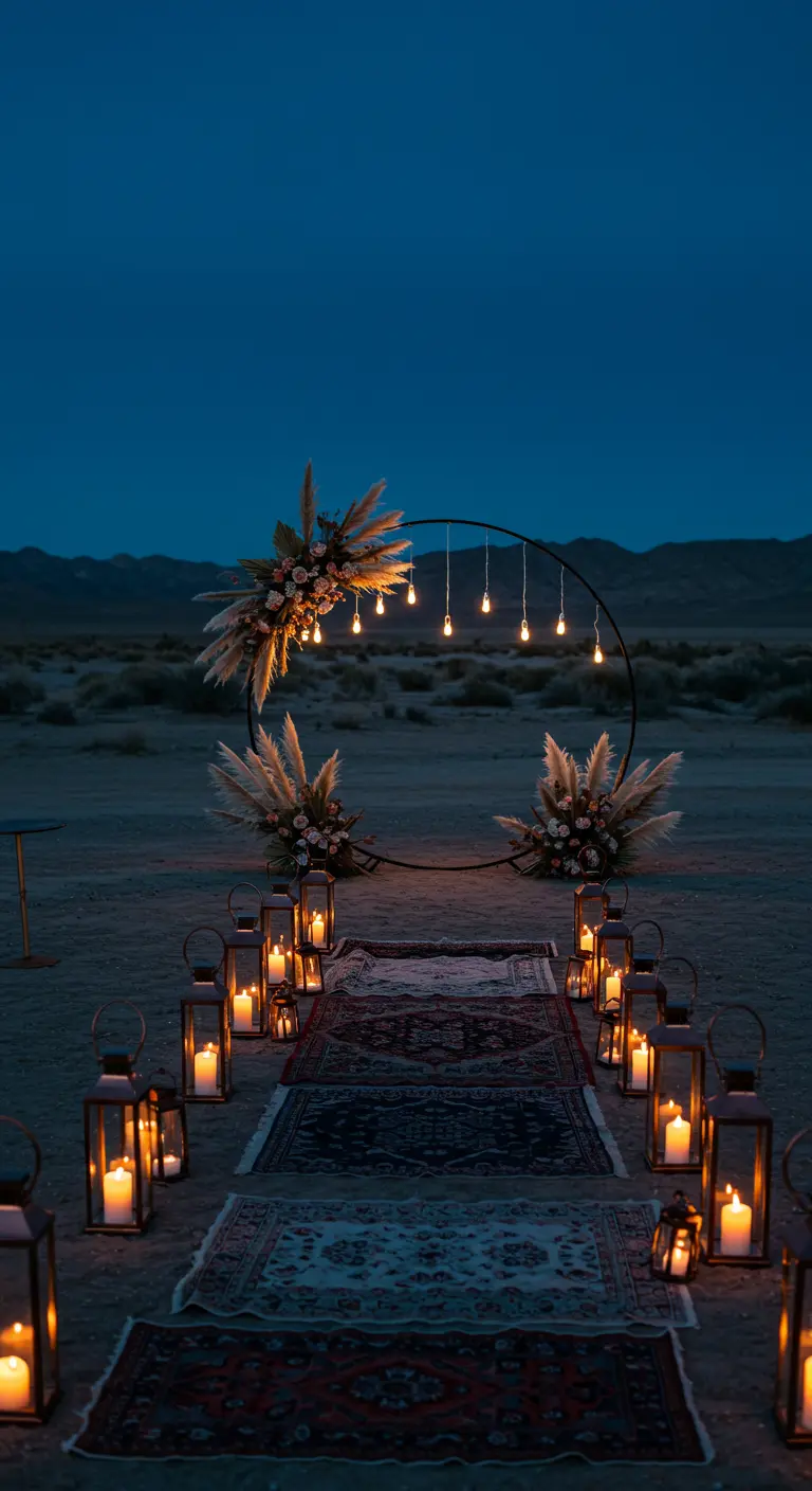 Nachtelijke woestijnceremonie met ronde backdrop, lichtjes, lantaarns en tapijten.