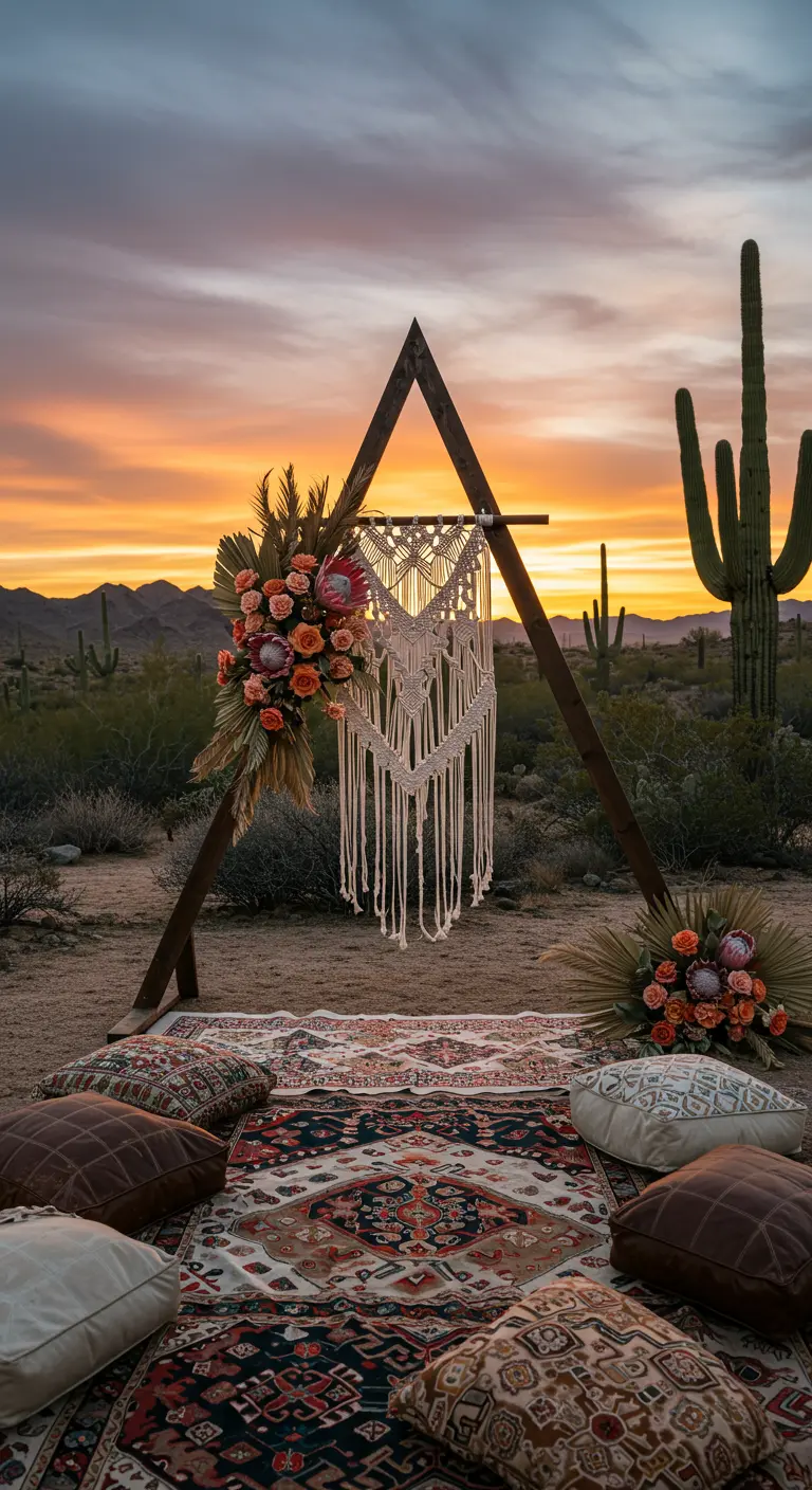 Driehoekige trouwboog met macramé en bloemen in woestijn, met kussens en cactussen.