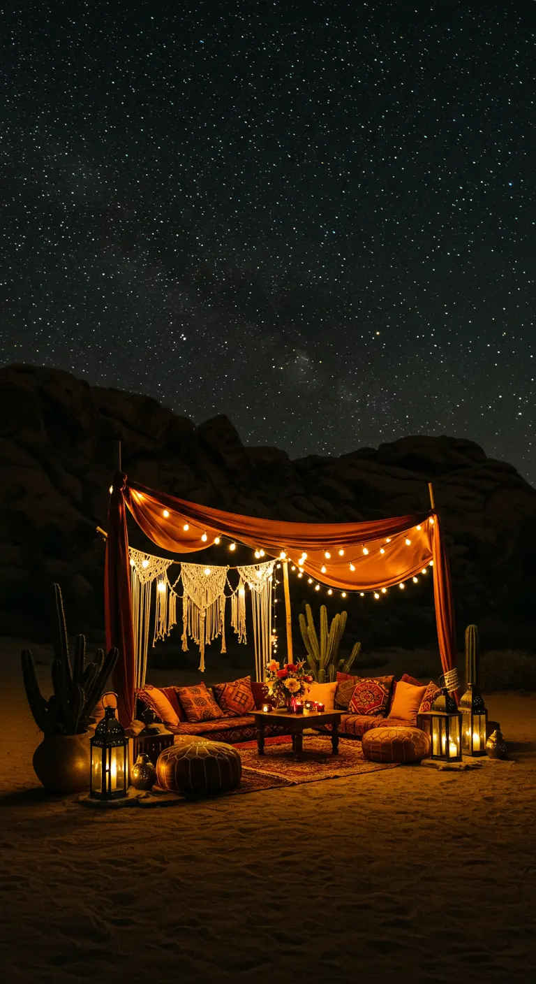 Bohemian lounge in woestijn met doeken, macramé, lichtslingers, kussens en lantaarns.