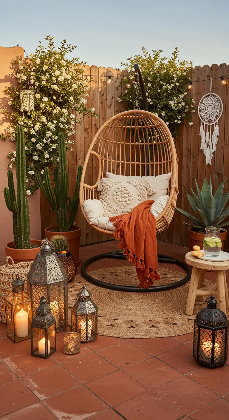 Terras met rotan egg chair, cactussen, lantaarns met kaarsen en een dromenvanger.