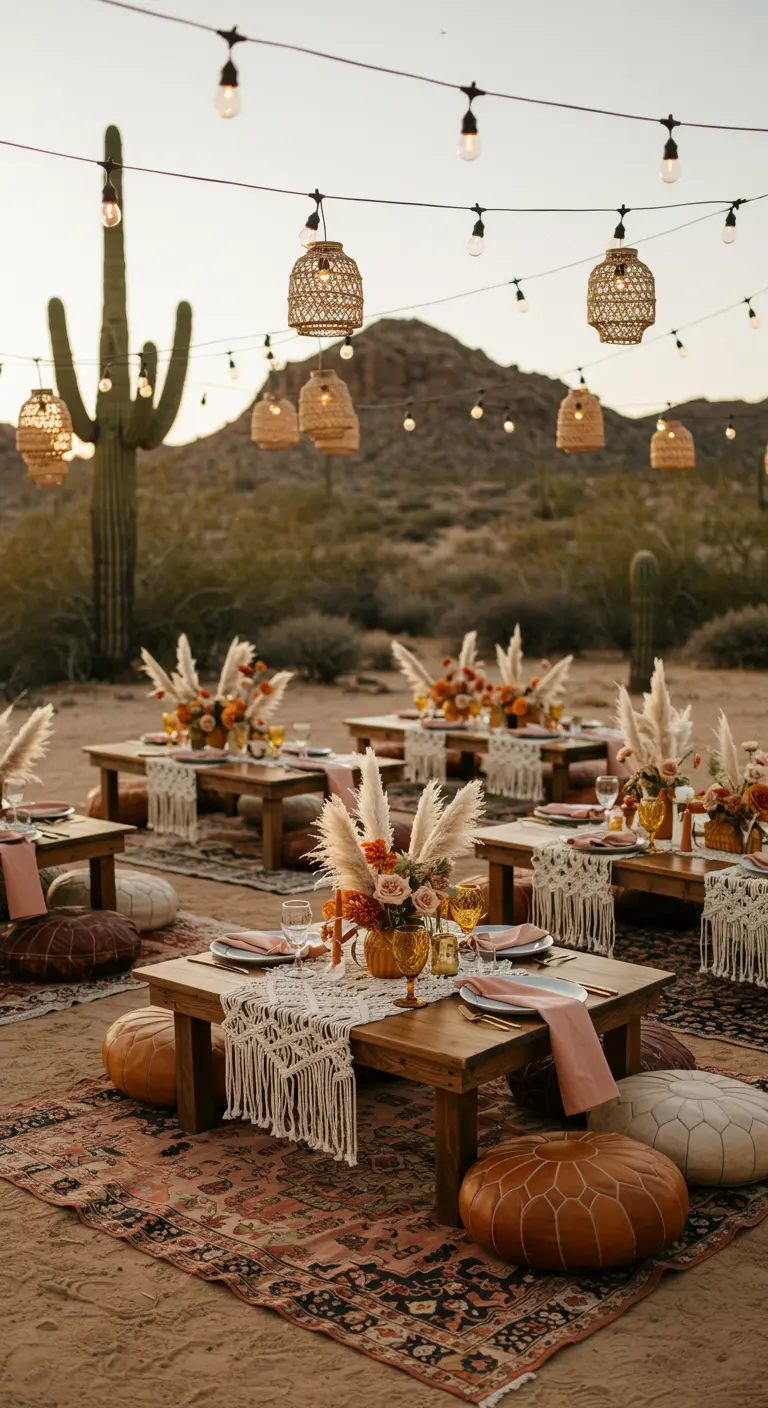 Boho desert bruiloft tafelschikking met lage tafels, pampasgras, macramé en lantaarns.