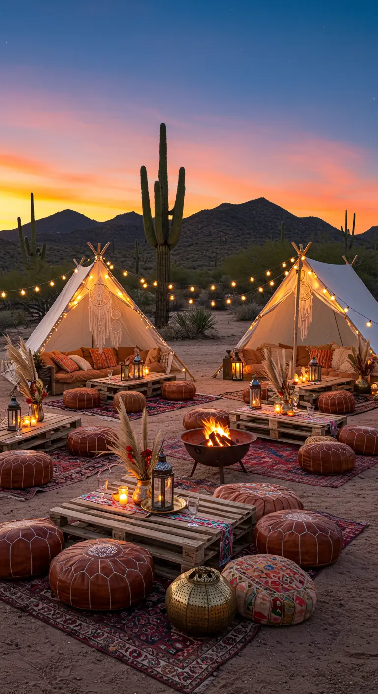 Tipi-tenten in woestijn met lichtslingers, vuurkorf, tapijten en poefs bij zonsondergang.