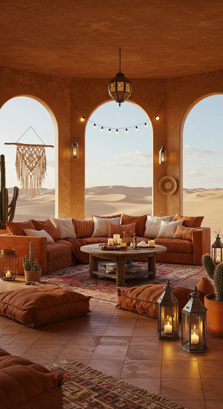 Bohemian woonkamer met terracotta tinten, lantaarns en uitzicht op zandduinen.