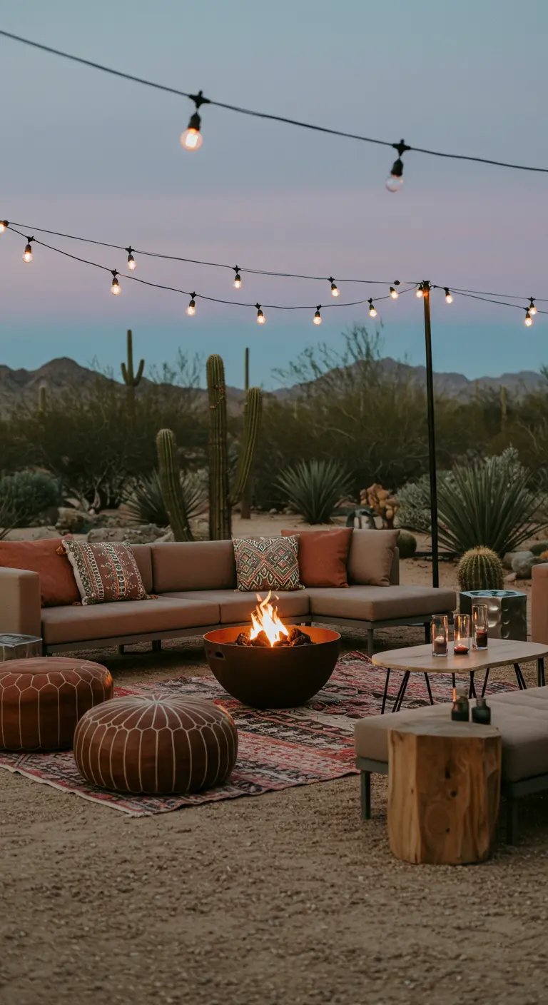 Woestijn lounge met lage bank, Aztekenprints, vuurpit, cactussen en lichtslingers.
