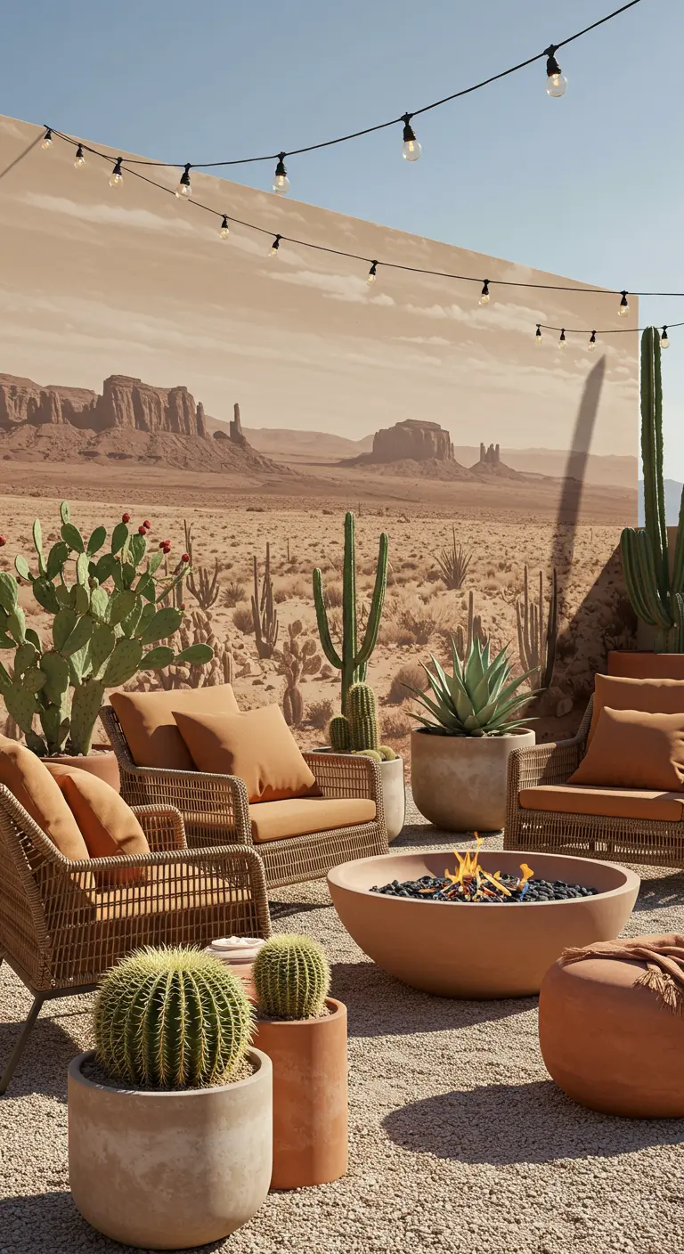 Tuin met buitenbehang van woestijnlandschap, cactussen, rieten stoelen en een vuurplaats.