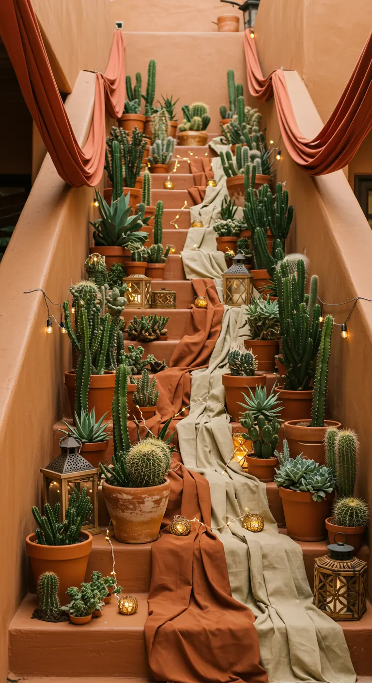 Terracotta trap met diverse cactussen en vetplanten, sfeervolle lichtslingers en lantaarns.