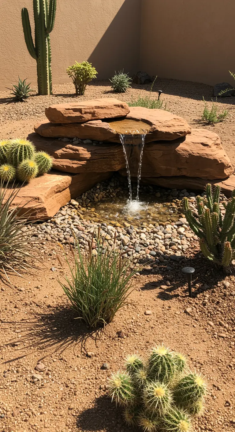 Kleine waterval van platte rotsen in een woestijnachtige tuin met cactussen.