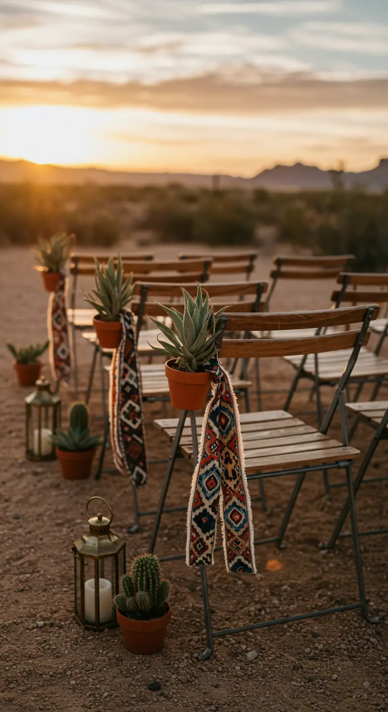 Houten klapstoelen in de woestijn met terracotta potjes succulenten en kelim stof.