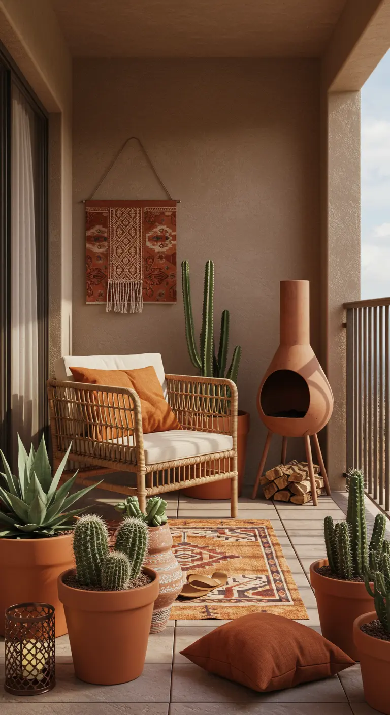 Naturel rieten fauteuil op balkon met cactussen, terracotta potten, wandkleed en chimenea.