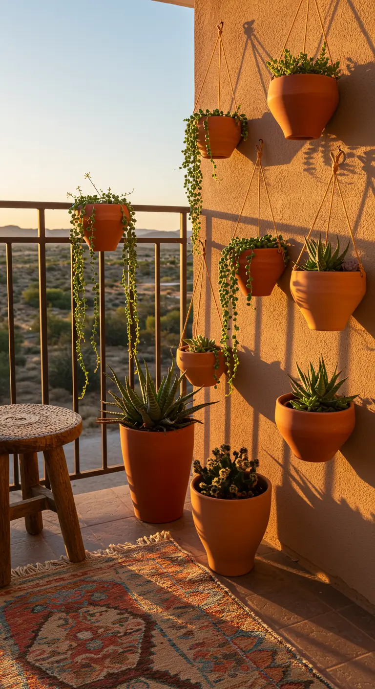 Terracotta hangpotten met succulenten en erwtenplantjes tegen een warme muur, woestijnstijl.