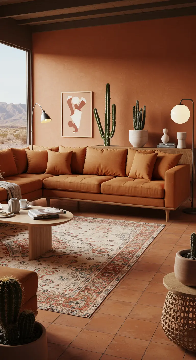 Terracotta hoekbank in een woonkamer met woestijnachtige sfeer, cactussen en Perzisch tapijt.