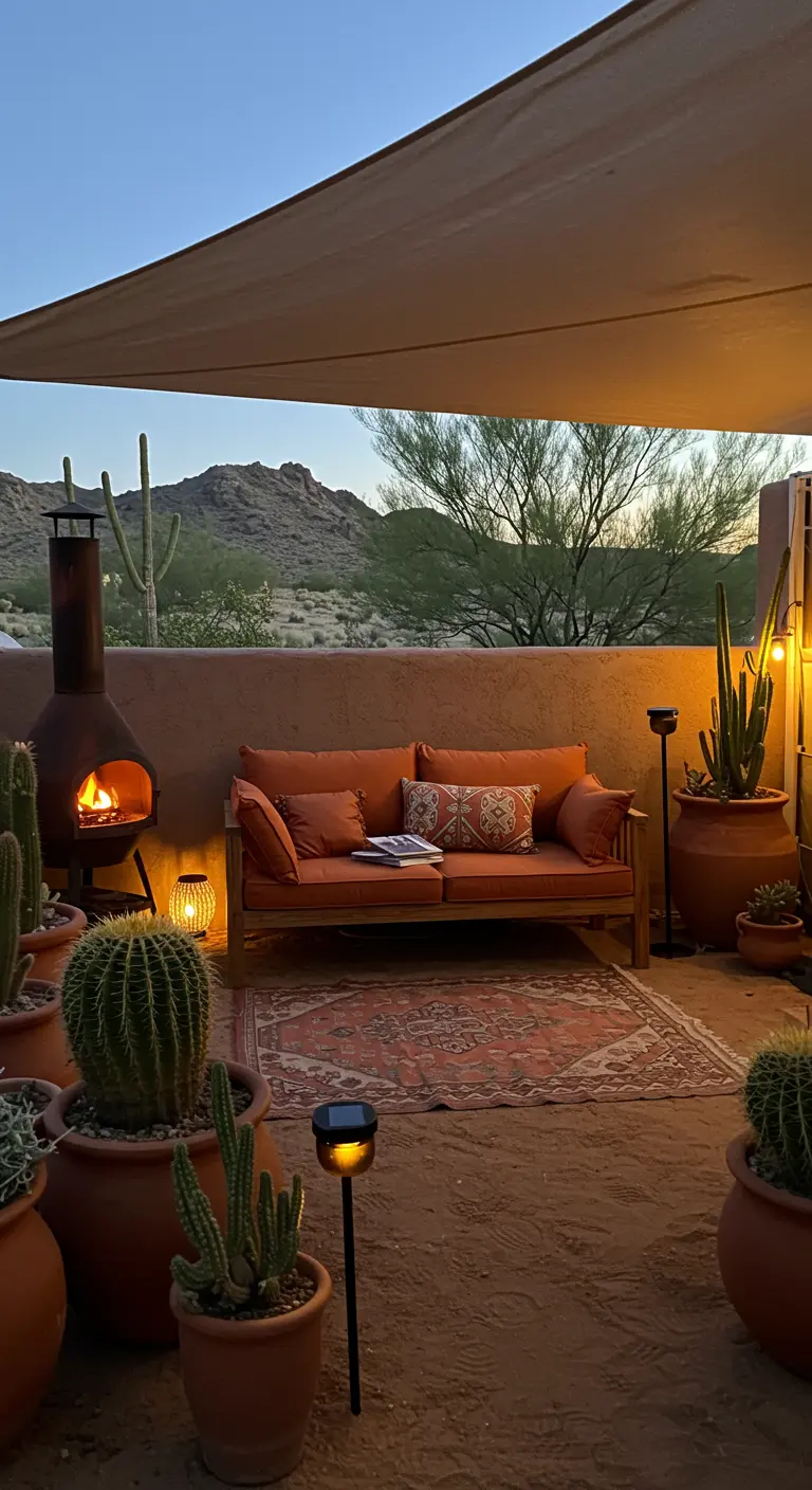 Terras met oranje loungebank, cactussen, chiminea en een etnisch kleed.