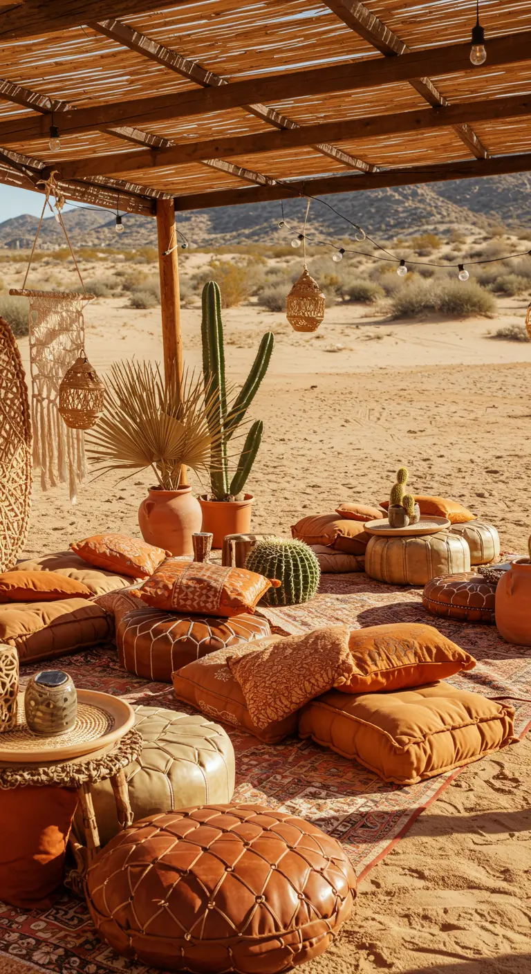 Bohemian zithoek in de woestijn met terracotta kussens, cactussen en lichtsnoeren.