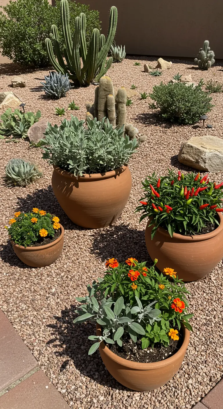 Droogtetolerante tuin met cactussen, vetplanten, salie, goudsbloemen en chilipepers in potten op grind.
