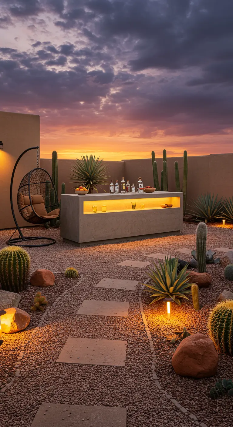 Moderne woestijntuin met betonnen bar, donkere hangstoel en cactussen bij zonsondergang.