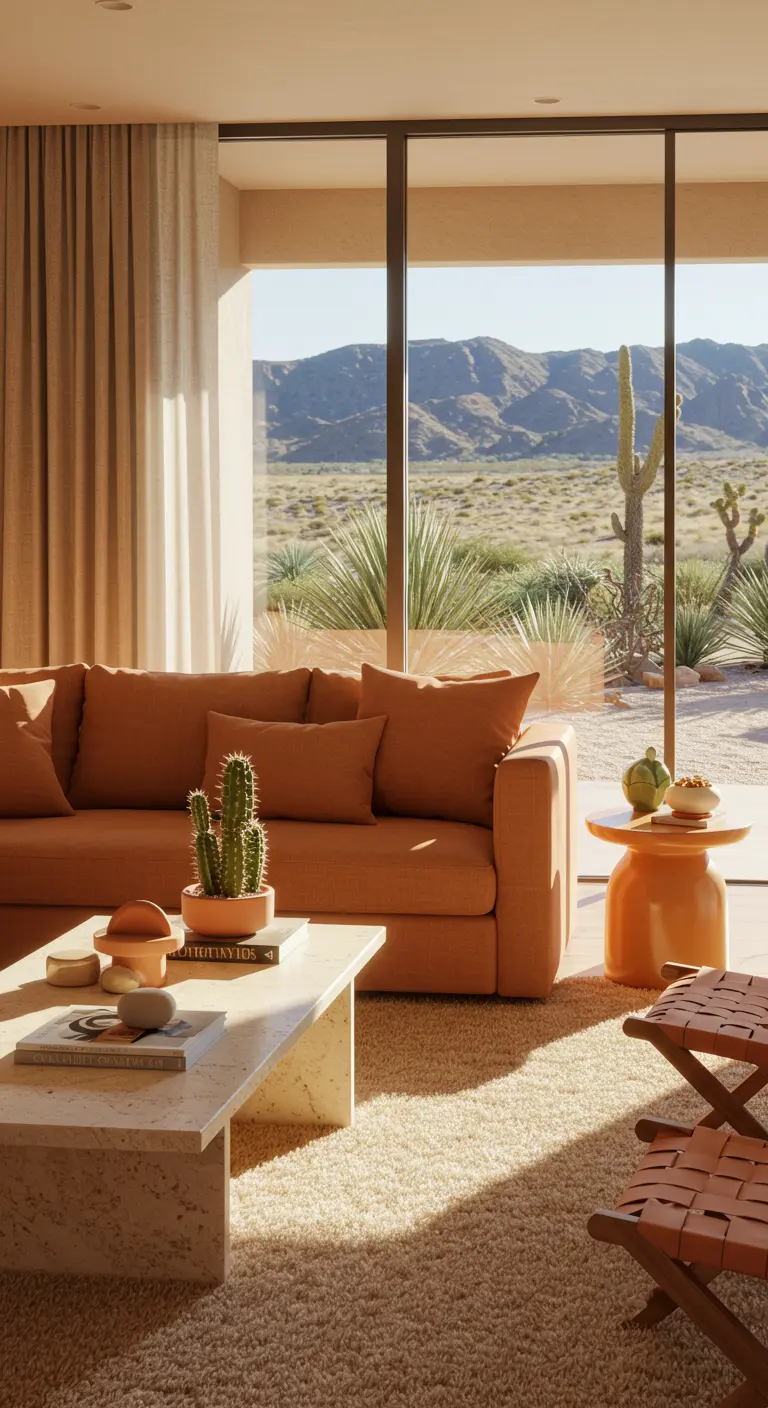 Travertin salontafel met cactussen, aardewerken potten en boeken in een woestijnstijl interieur.